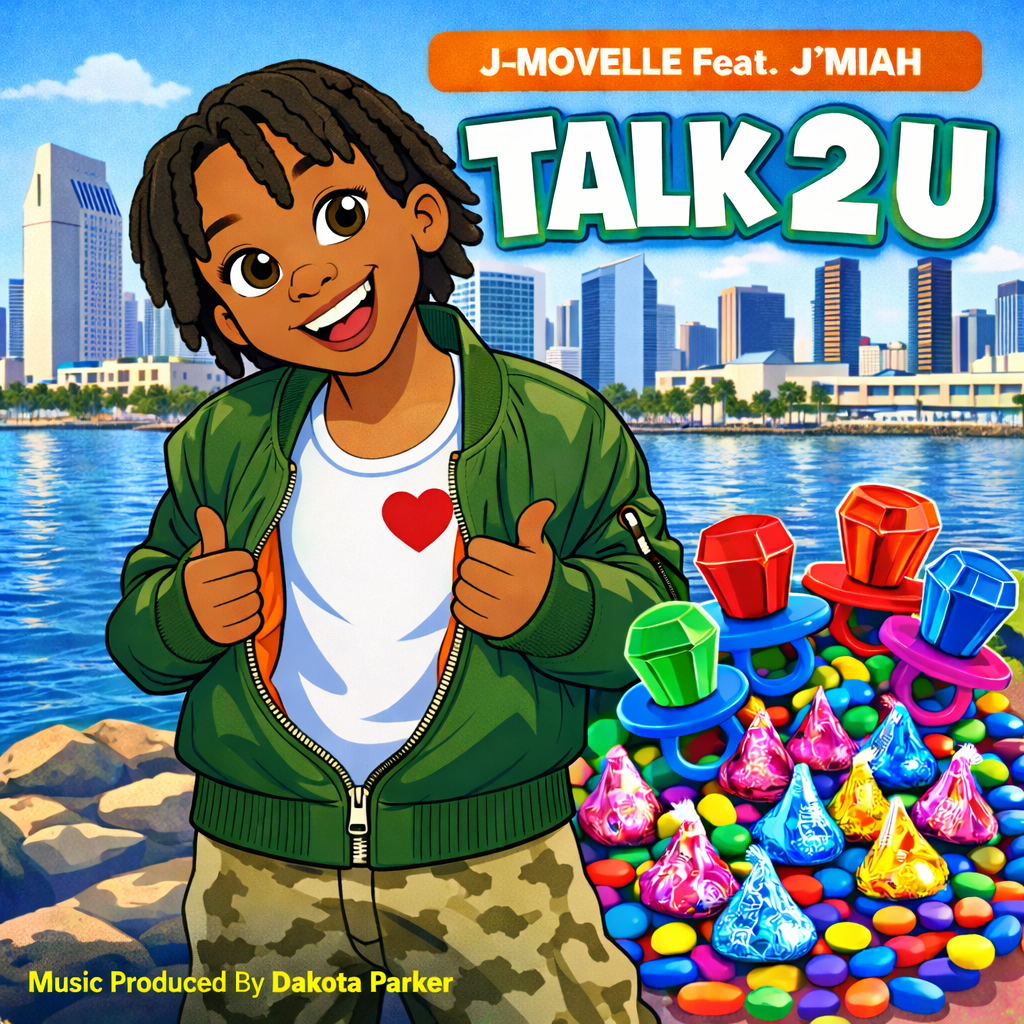 Album cover with a child giving thumbs up, colorful gem-like objects, and a cityscape in the background.